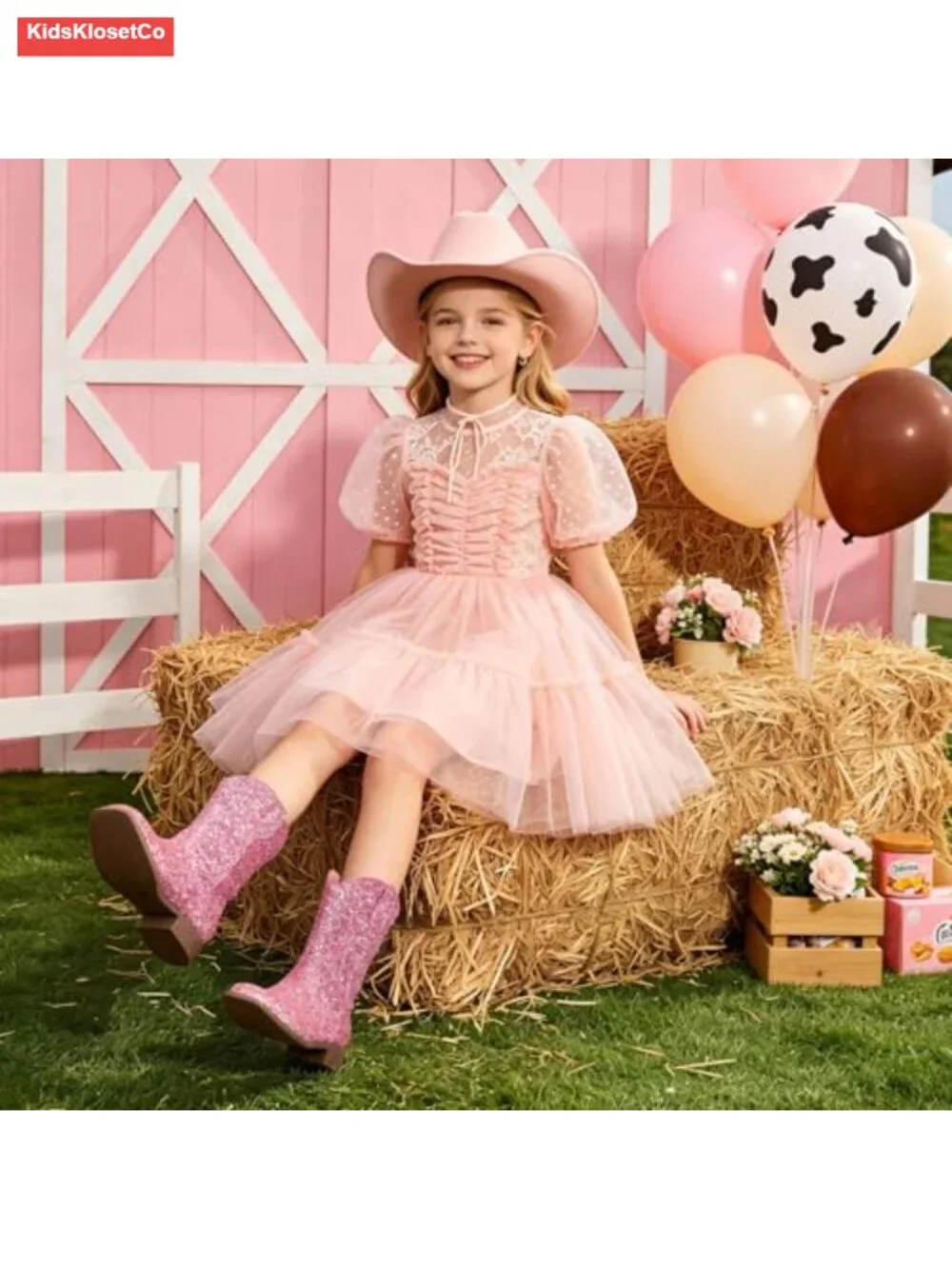 Girls Cowgirl Boots Glitter Square Toe Mid Calf Pull On Boots